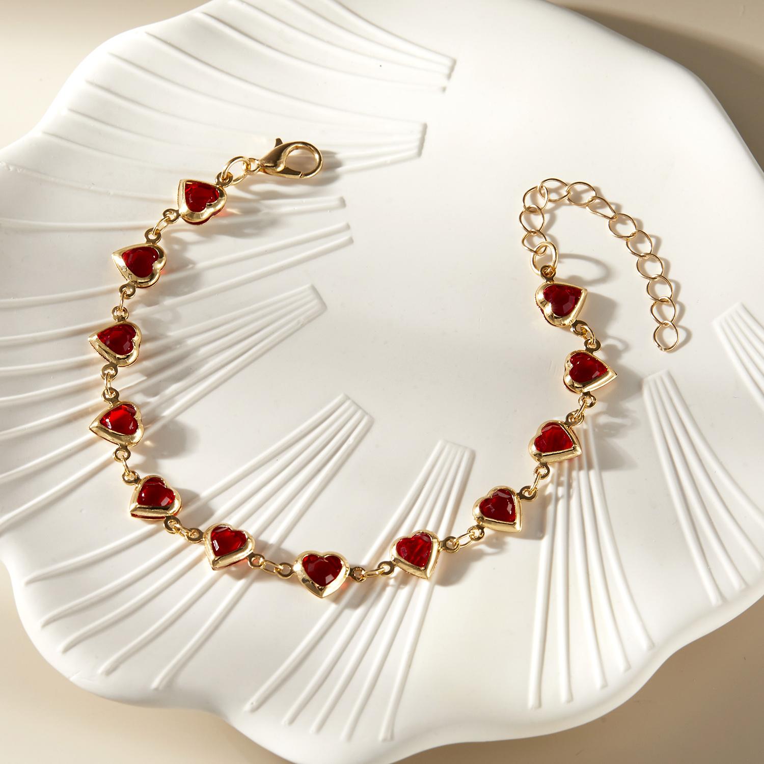 Elegant Red Crystal Zircon Metal Chain Bracelets for Women Colorful Heart Bracelets Party Wedding Girl Wrist Jewelry Gift