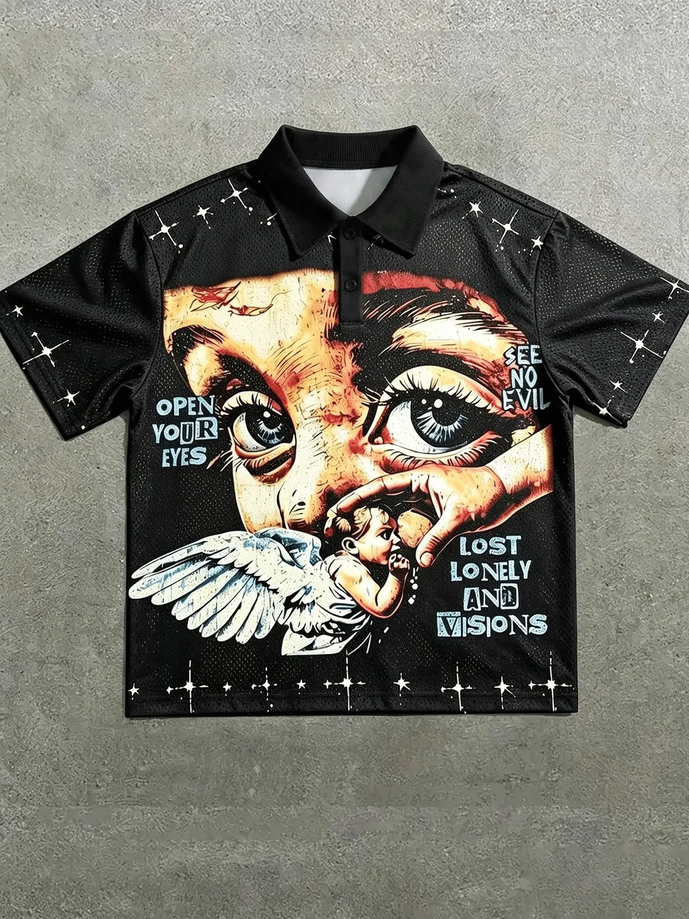 Chicano Big Eyes Angel Star Full Print Polo Shirt Men, Retro Vintage Streetwear Breathable Casual Top