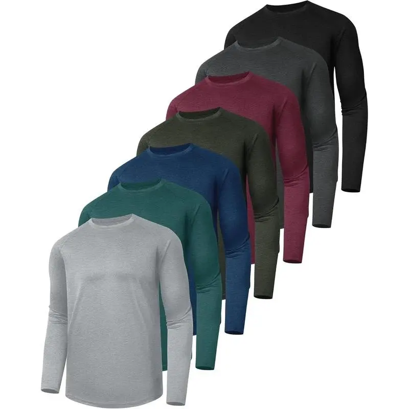 7 Pack Long Sleeve Shirts for Men Dry Fit Moisture Wicking Sun Protection UV UPF T-Shirts for Fishing Workout Gym Sports Clothing Athletic Tops Autumn Soft Fabric Round Neck Loose Fit Raglan Sleeve