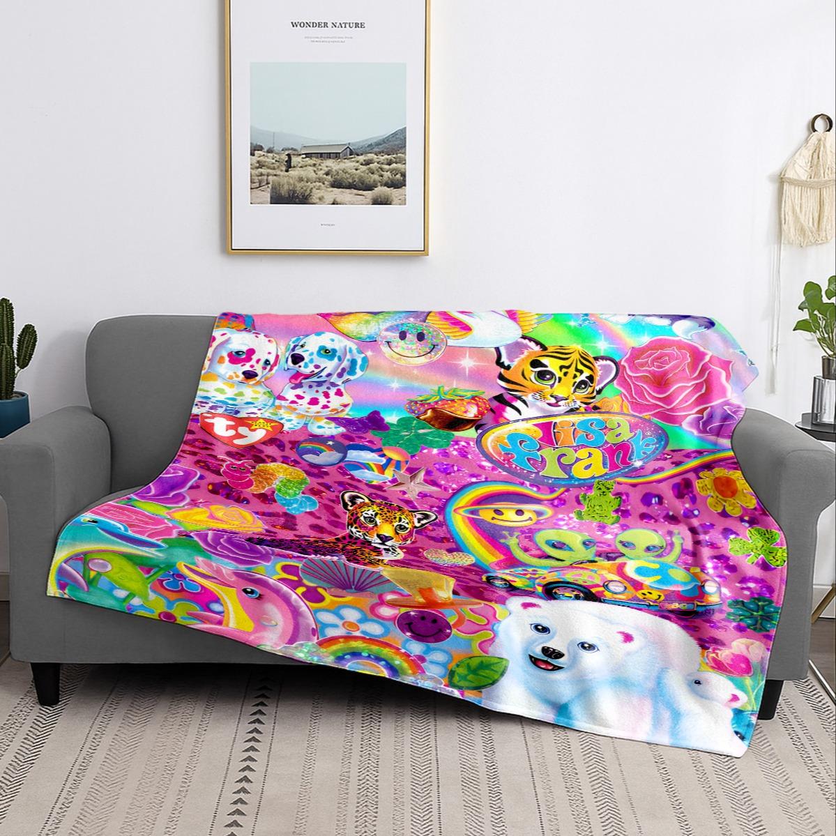 Lisa Frank Collage Themed Blanket, Vibrant & Playful Style, Features Colorful Characters, Soft and Warm, Perfect for Home Relaxation, Flannel Blankets