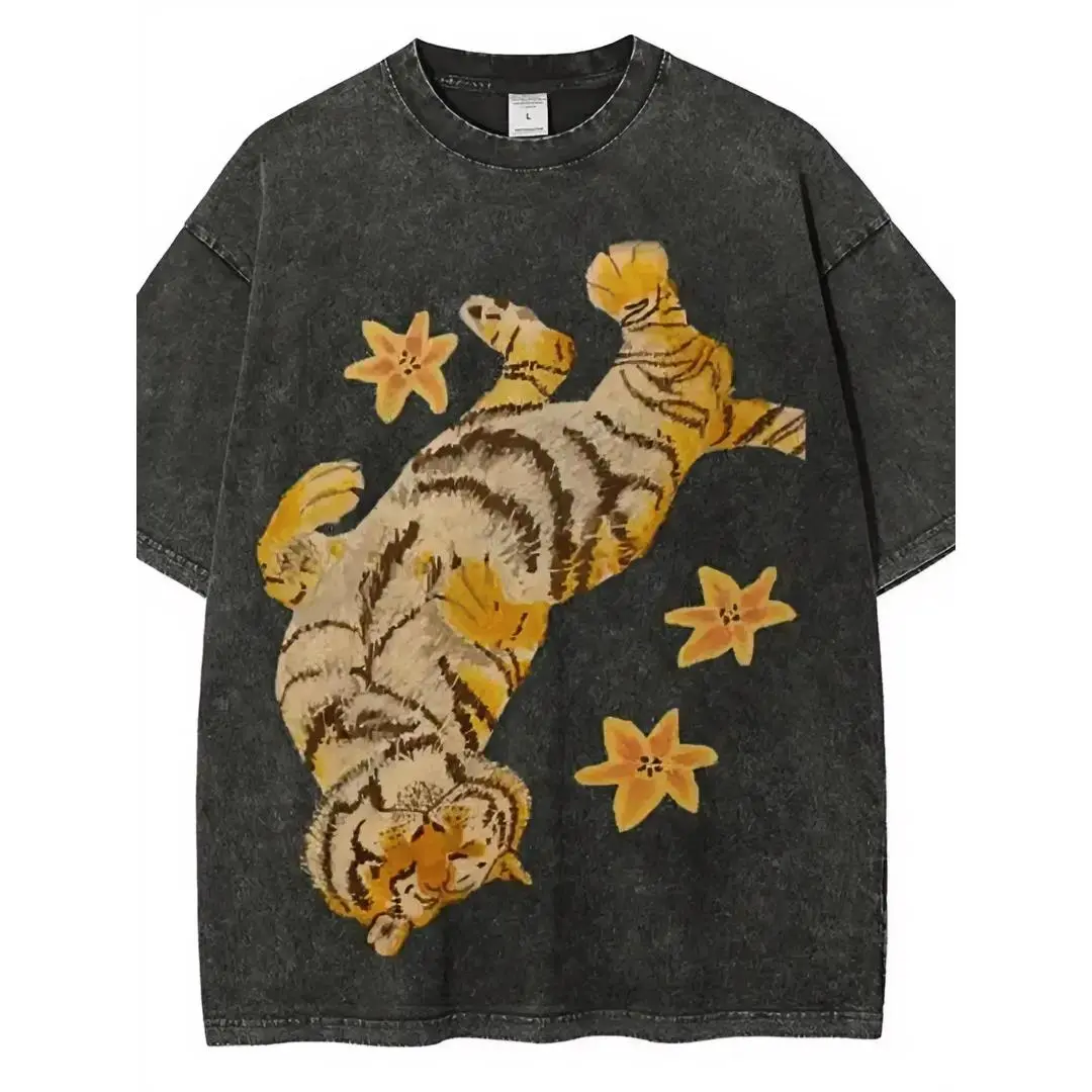 Oversized Graphic T-shirt with Vintage Tiger & Star Print, Unisex 100% Cotton Breathable Short Sleeve Top, Minimalist, Simple, Shortsleeve, Fabric, Classic, Casual, Soft, Tee