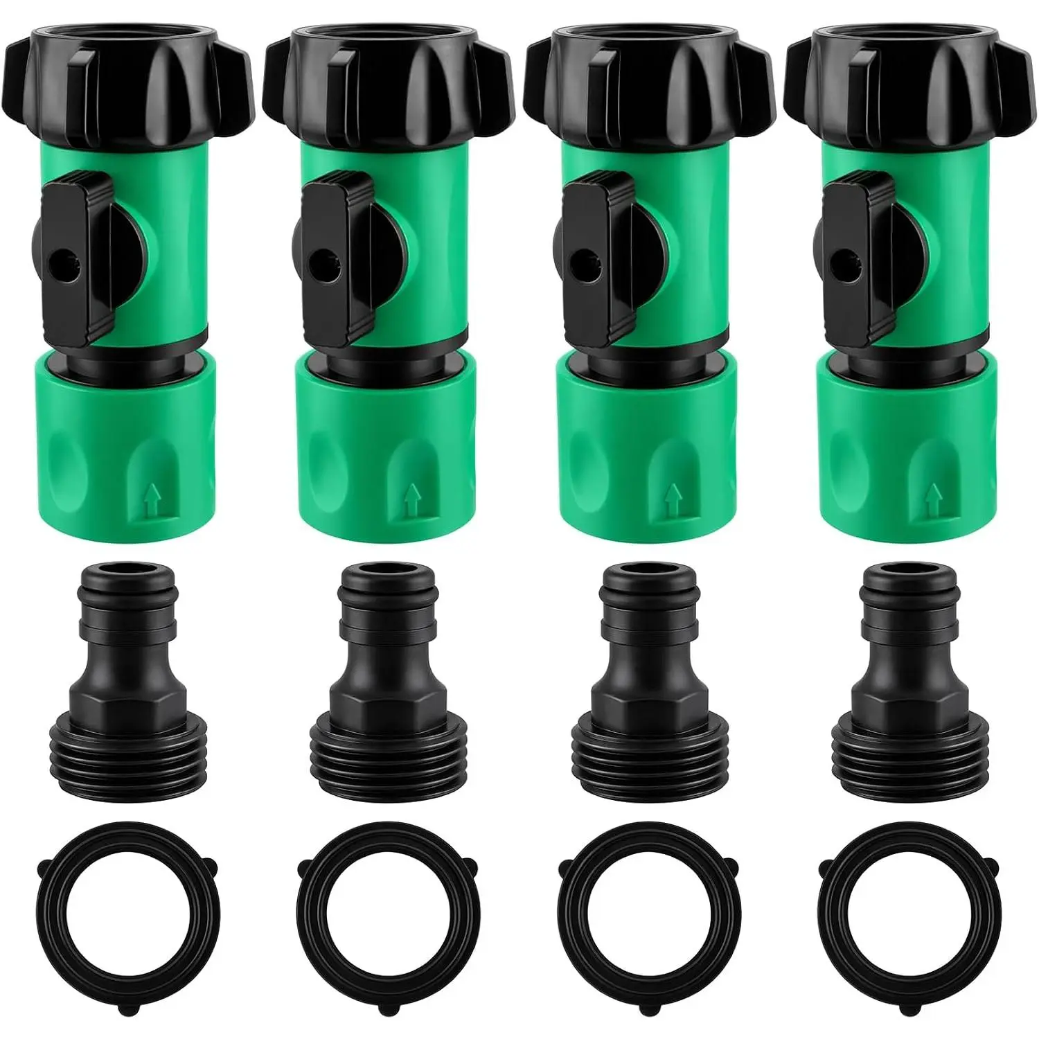 Garden Hose Quick Connect Kit 3/4”GHT Female Quick Connectors with Valve,Quick Release Kit Hose Fittings for Lawn, Patio, and Garden Irrigation 4 Set (Green)