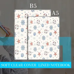 Seamless Nautical Pattern Notebook, Light Beige Background with Red Starfish, Blue & White Lifebuoys, Ship Wheels, Seashells & Wavy Lines, Double-Sided Design, Multiple Specifications Available, Ideal for Office Daily Use & Casual Note-Taking