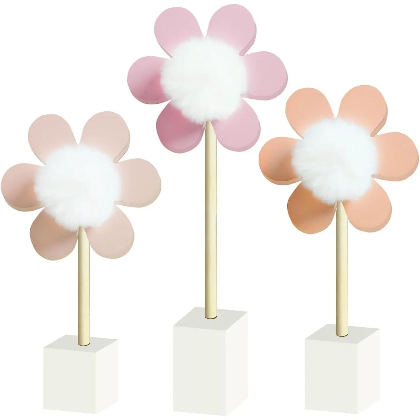 Fluffy 3-Pack Floral Wooden Daisy Nursery Shelf Decor Set - Pompom Pistil Boho Wall Art, Home Organizer Gift for Baby Girl Nursery