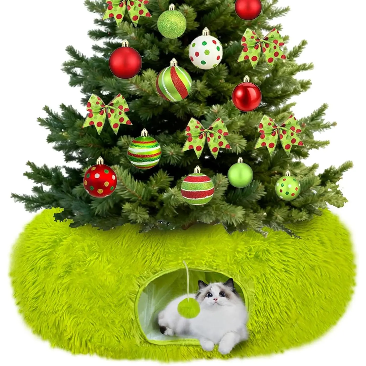 Christmas  Tunnel Bed Under Christmas Tree for Indoor Plush Lime Green Cats Xmas  Donut Tunnel Foldable Plush Peekaboo  Cave  for Small  Kitten (2.8 ft*2.8ft*10inch, Lime Green)
