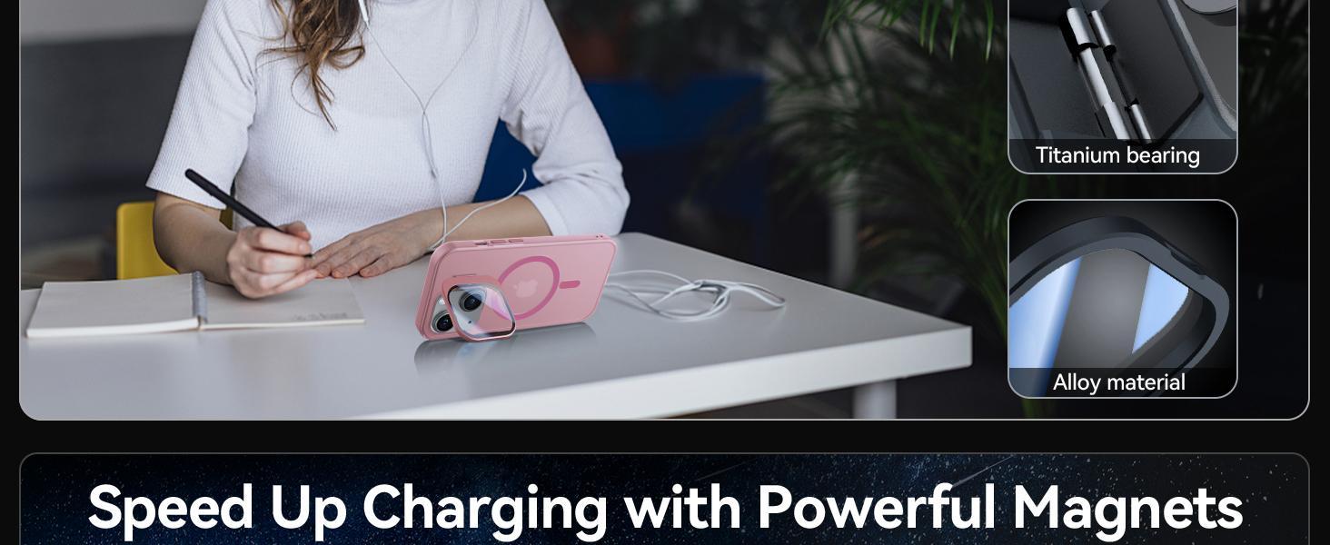 for iPhone 13 Case/iPhone 14 Case with Camera Cover Stand [Built-in 9H Camera Lens Protector][Fit for Magsafe] Military Grade Shockproof Translucent Matte Magnetic Phone Case 6.1",Pink