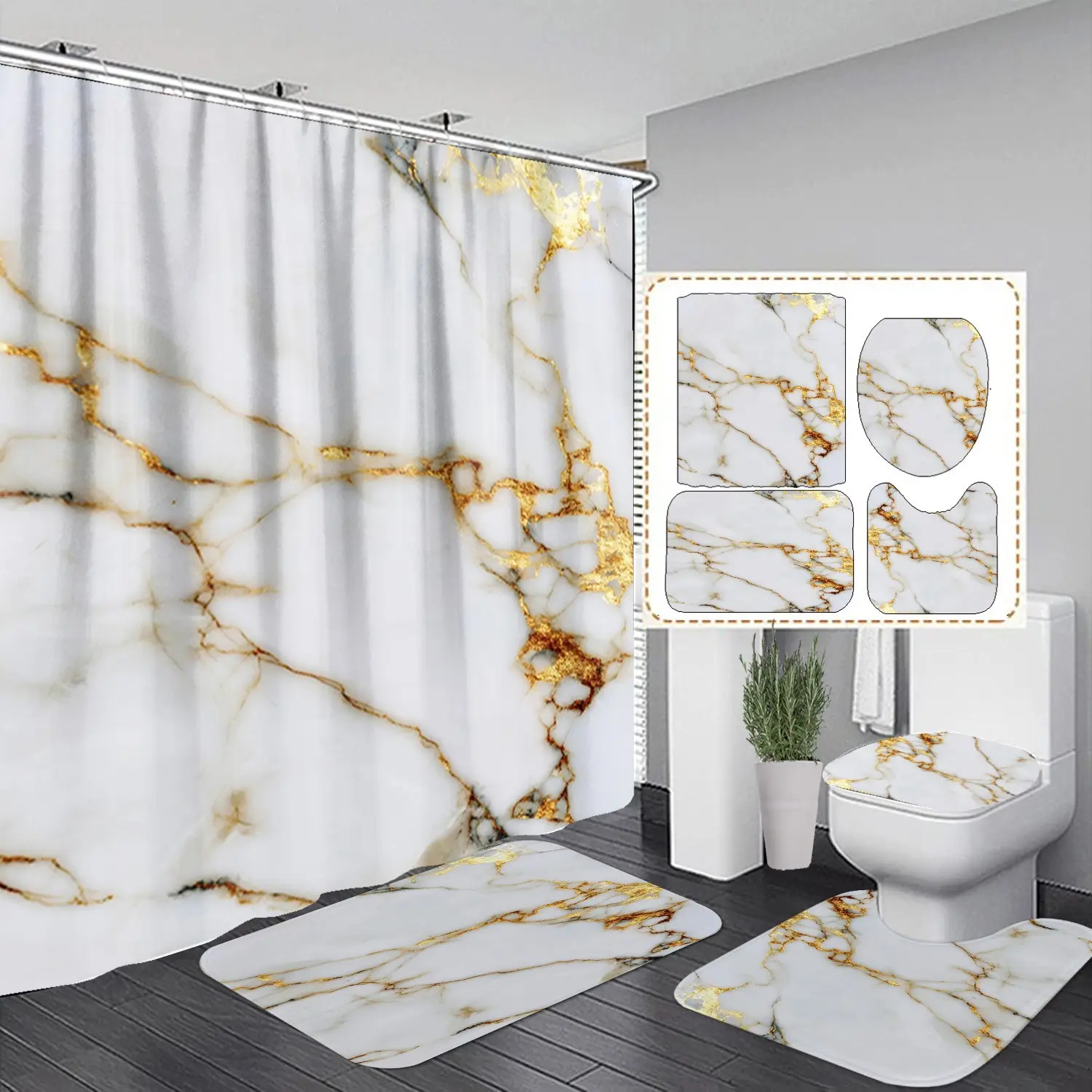 Marble shower curtain set for bathroom, thickened version, including Waterproof shower curtain, toilet seat cushion, bathroom cushion and toilet lid cover, with 12 hooks, bathroom decoration accessories