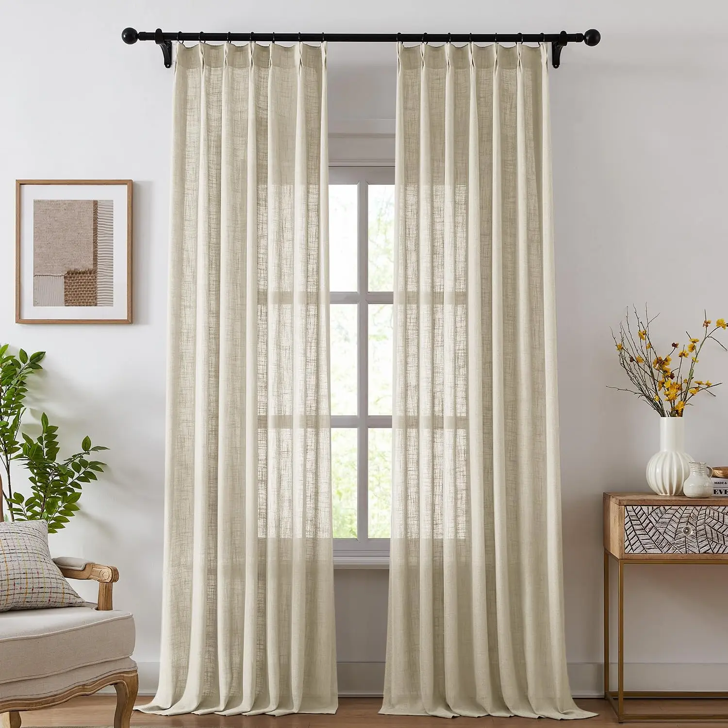 Pleated Curtains for Living Room, Light Filtering Sheer Curtains 84 inches Long, Farmhouse Natural Pleat Drapes, Semi Sheer Window with 2 Panels