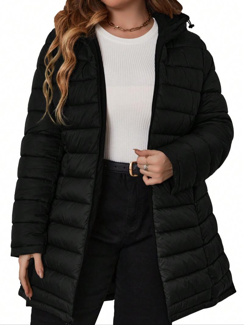Women's Winter Hooded Jacket, Large Size, Double-Sided Pocket Cotton Coat, Casual Fitted Long Sleeve, Fall & Winter Commuter Wear