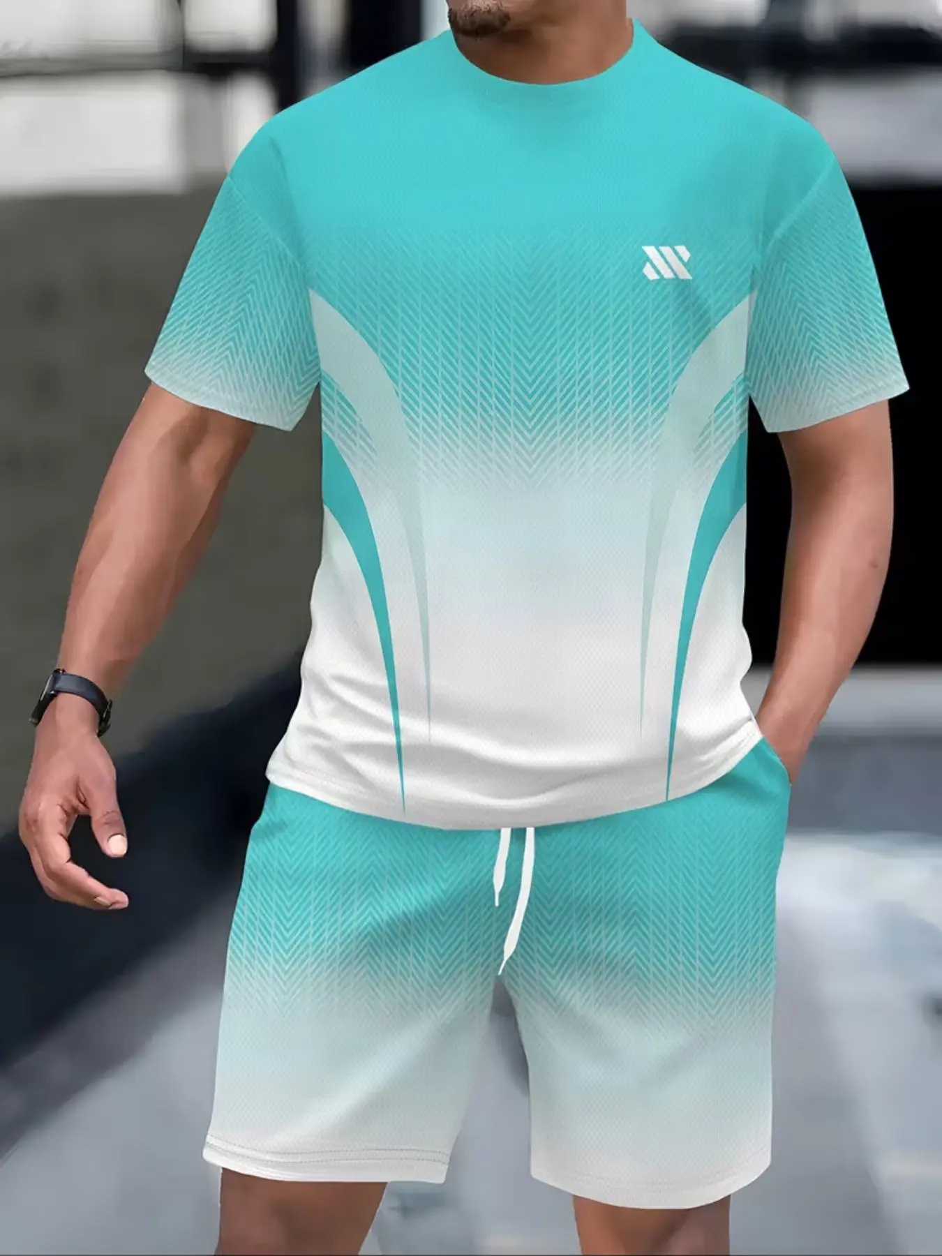 Men's Ice Sensation Mesh Gradient Sports Set, Herringbone Quick-Dry Short Sleeve Shorts, Basketball Running Two-Piece Suit