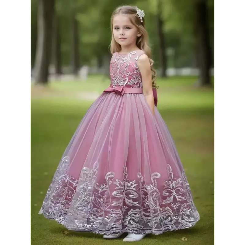 Girls' Cute High Floral Long Lace Fit & Flare Princess Formal Dress with Bow & Tulle Design for Flower Girls, Weddings, Communion Ceremonies, Princess Formal Dresses, 11-12Y, All Seasons, Children's Events, Princess Wedding Dress, Bow Accent