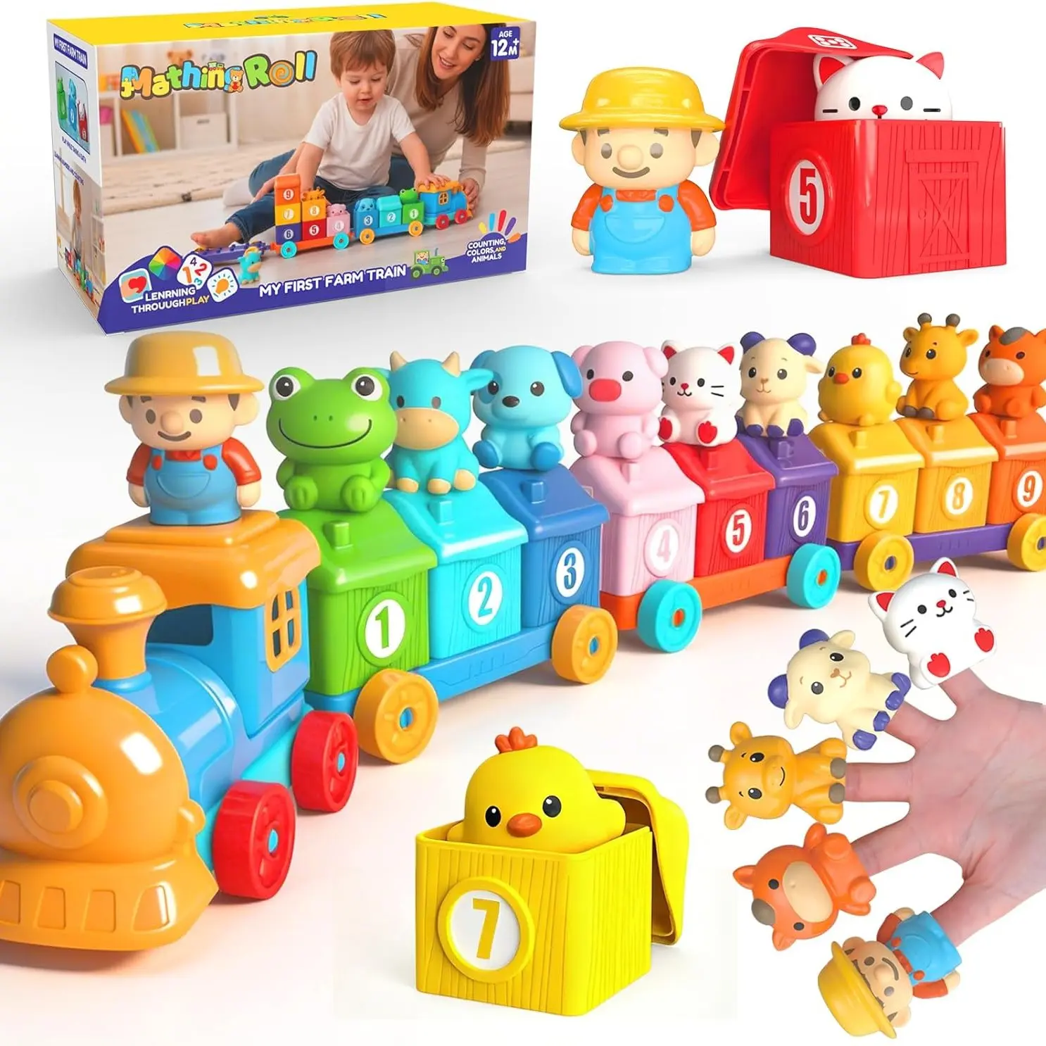Farm Animal Train Set, Number Recognition, Pairing Game, Finger Puppets, Early Learning Toy, Learning Tool, Christmas Birthday Gift for Kids