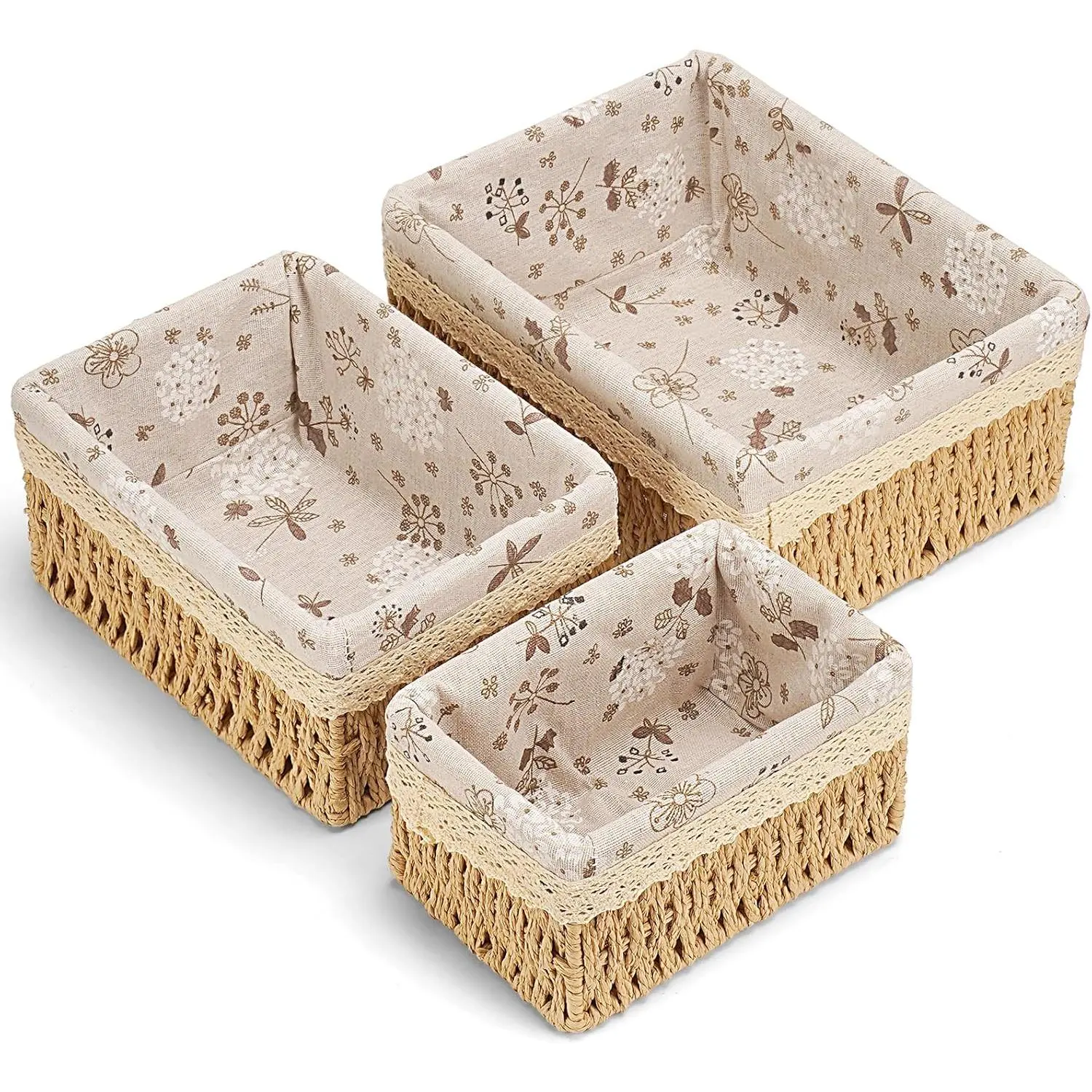 Floral Wicker Baskets, Handwoven Multi-size 3-Pack Storage Baskets Set, Perfect For Home Organizing, Storage and Décor - Beige