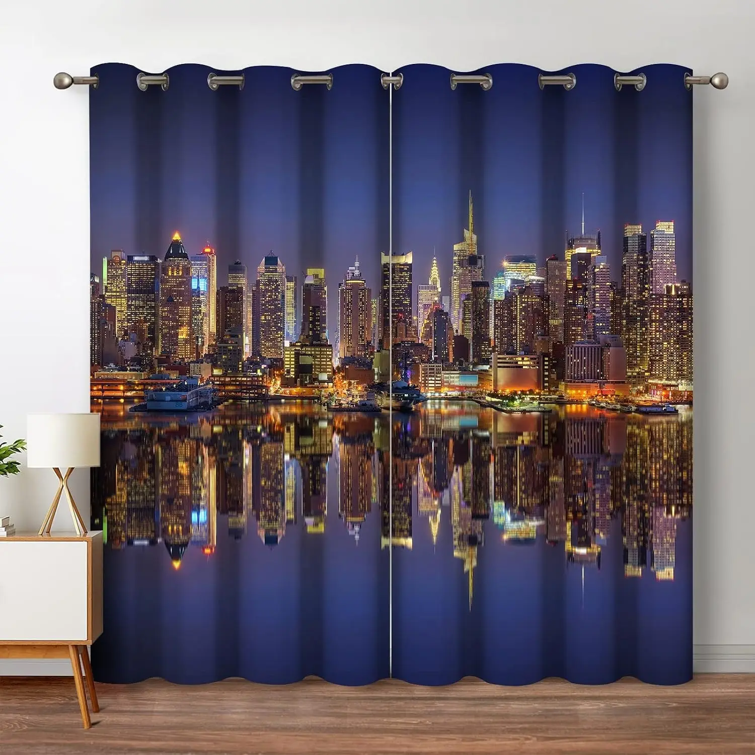 Cityscape Semi-Sheer Curtains, New York Manhattan Midnight View, Coastal Reflections, Urban Decor, Bedroom Living Room, Eyelet Curtains, Curtain Panels, Set of Two