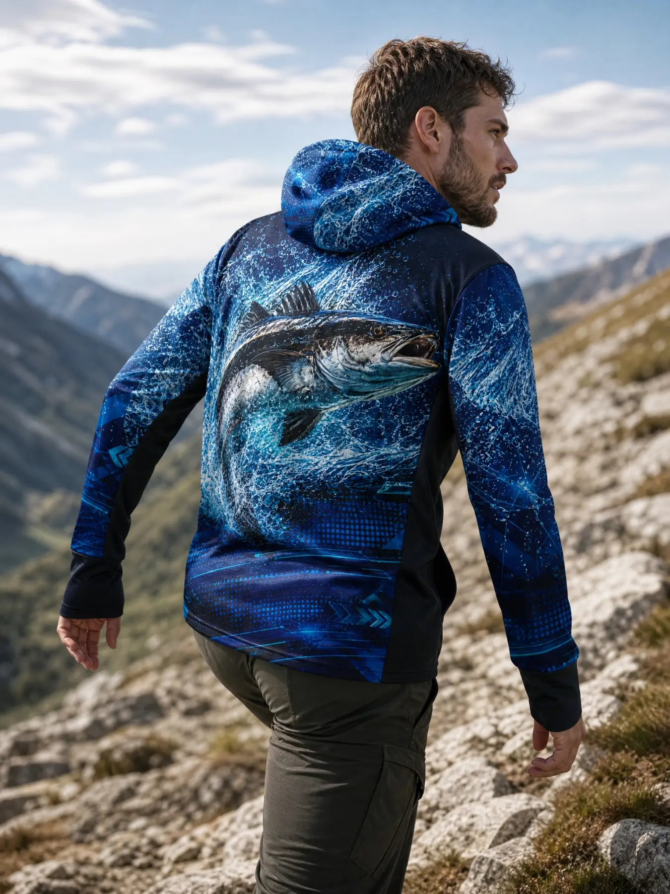 2026 Blue Wave Print Mesh Fishing Hoodie, Lightweight Quick-Dry Long Sleeve Jacket, Outdoor Gear for Saltwater Rock Boating