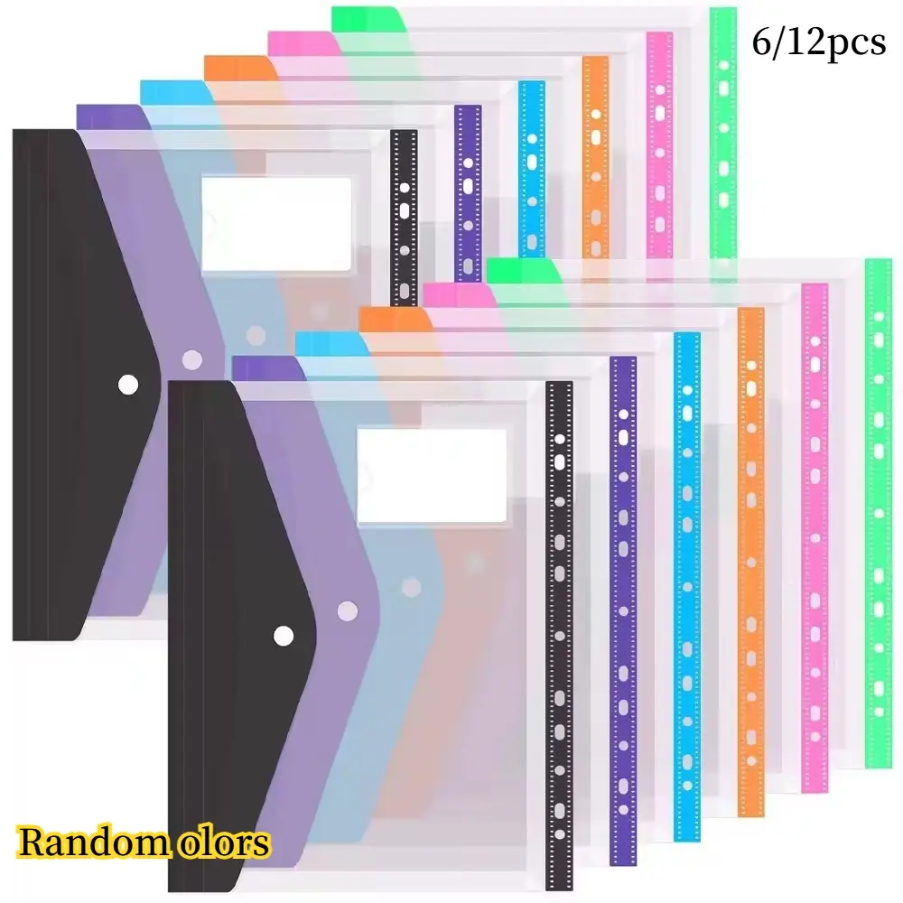 6/12Pcs Expandable A4 File Pouch, 11-Hole Punched with Snap Button Closure, Durable Polypropylene Document Holder, Plastic File Folder, Multi-use Folder for School, Office & Travel, Random Colors