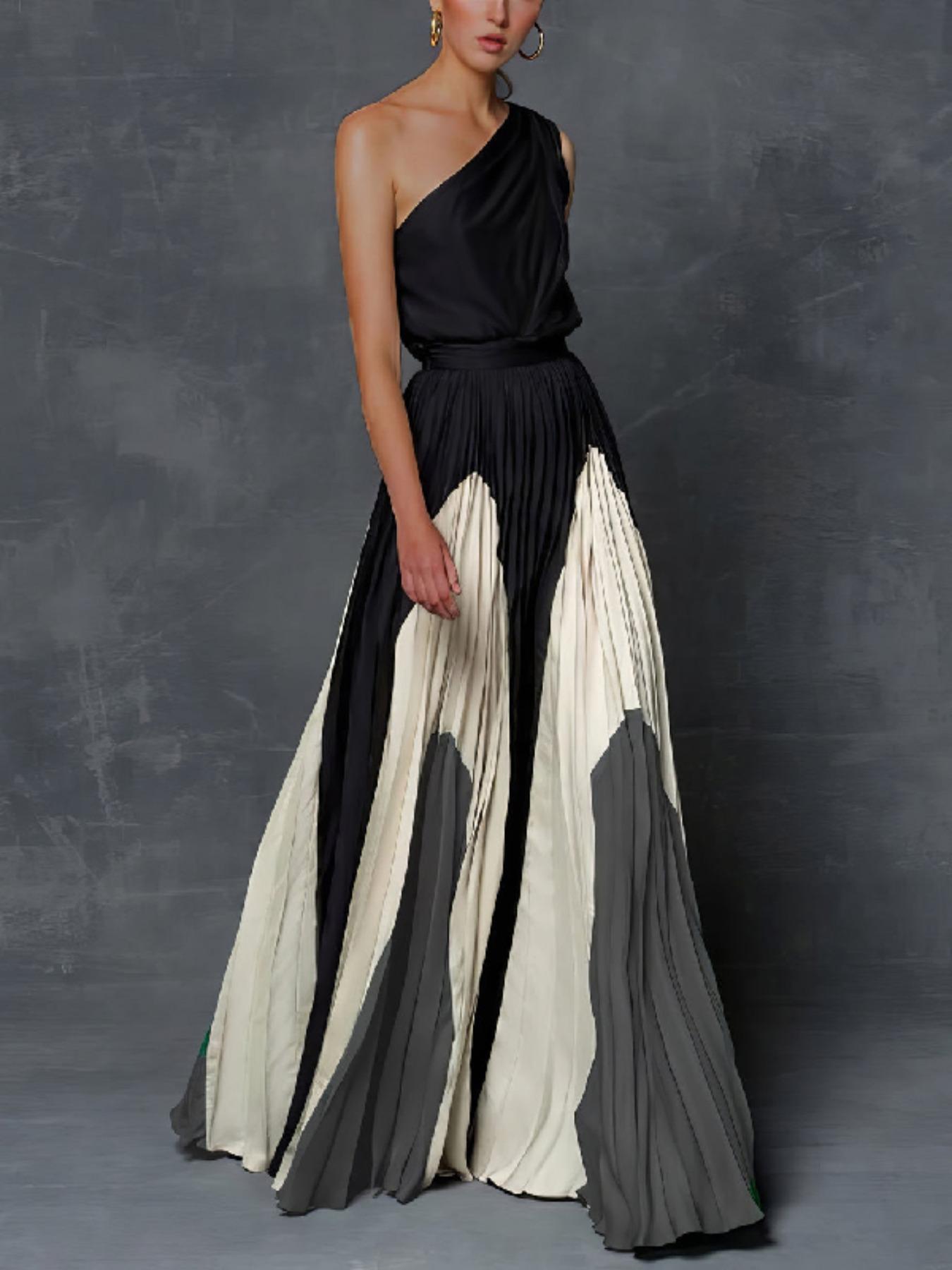 Women's Colorblock  One Shoulder Dress, Elegant  Long Dress for Party Holiday Wedding Guest, Ladies Clothes for All Seasons
