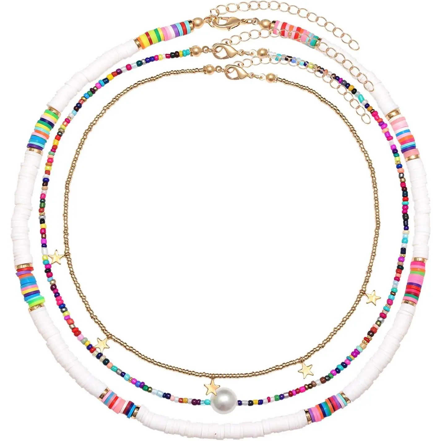 Surfer Heishi Bead Choker Necklace for Woman   Polymer Clay Record Disc Beads Layered Necklace Boho Beach Necklace