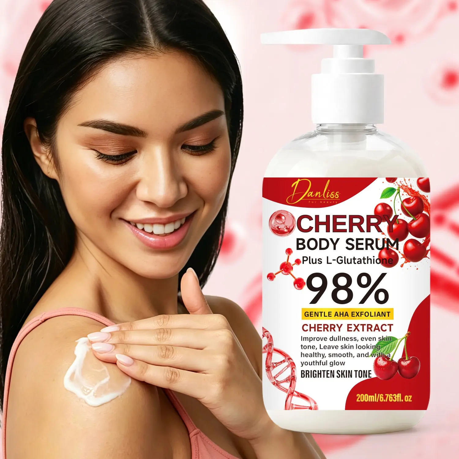 Danliss Cherry Glutathione Body Serum 200ml, Brightening, Exfoliating, Moisturizing – 98% AHA Exfoliating – Brightens skin tone, improves dullness, leaves smooth radiant – Suitable for body and face – All skin types
