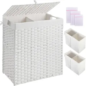 Greenstell Laundry Hamper with lid, No Install Needed, 110L Wicker Laundry Baskets Foldable 2 Removable Liner Bags, 2 Section Clothes Hamper Handwoven Rattan Laundry Basket with Handles, White