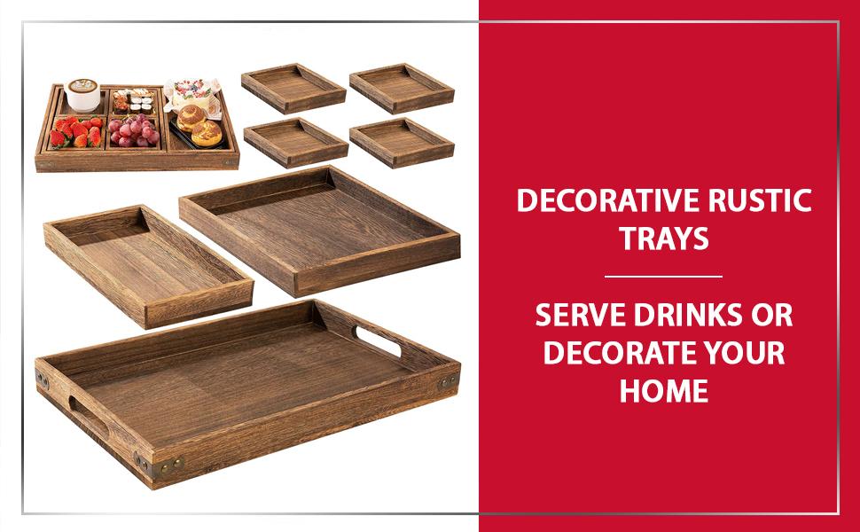 Rustic Wooden Serving Trays with Handle - Set of 7 Rectangular Platters for Entertaining, Breakfast, Coffee Table, Home Decor