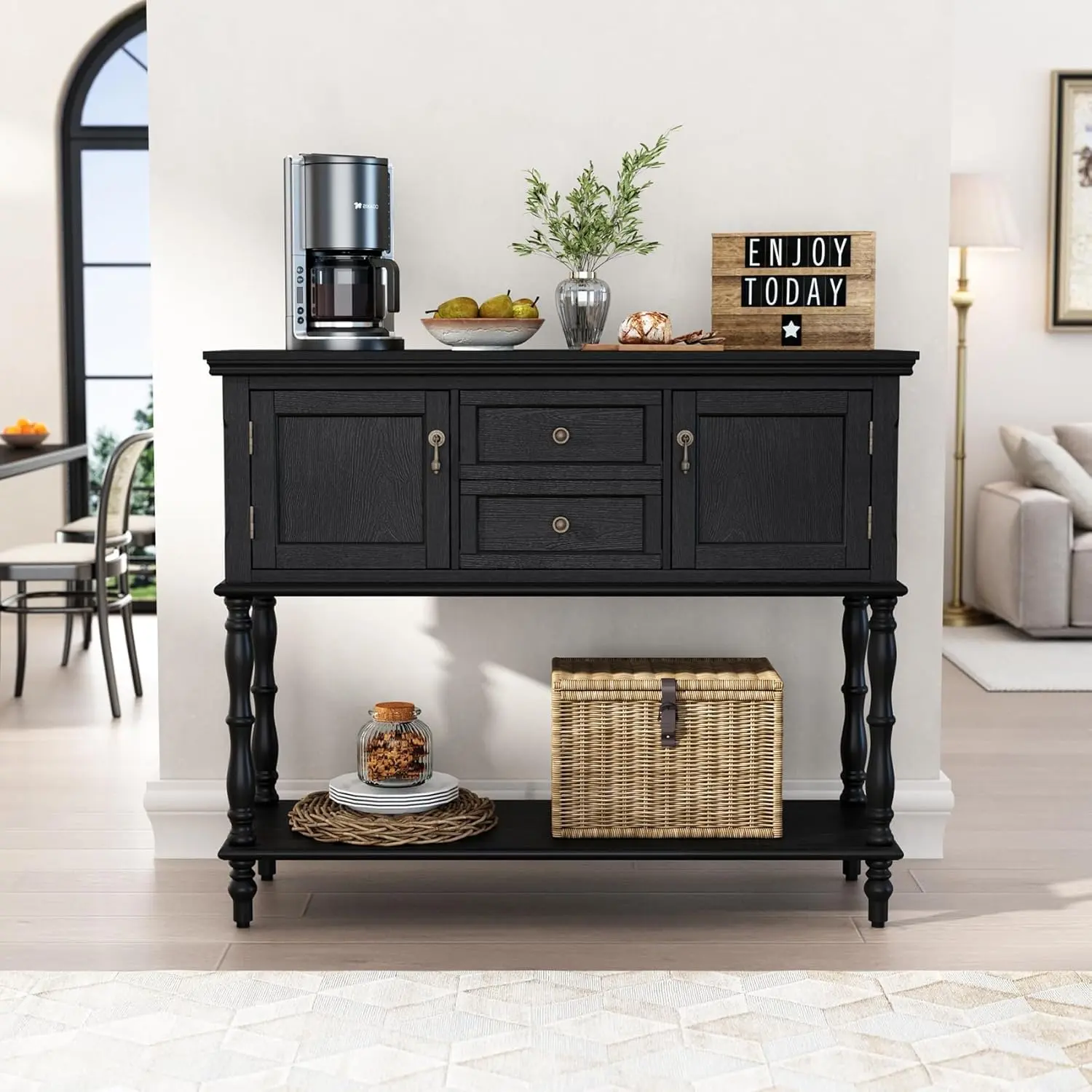 42-Inch Farmhouse Console Table with 2 Drawers & 2 Doors, Narrow Entryway Sofa Table with Storage Shelf, Roman Column Legs, Distressed Green Finish for Hallway & Living Room