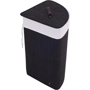 Corner Bamboo Laundry Hamper with Lid and Removable Liner, Washing Clothes Basket Storage Bin with Handle, Suitable for Bedroom, Bathroom, Laundry (Black)