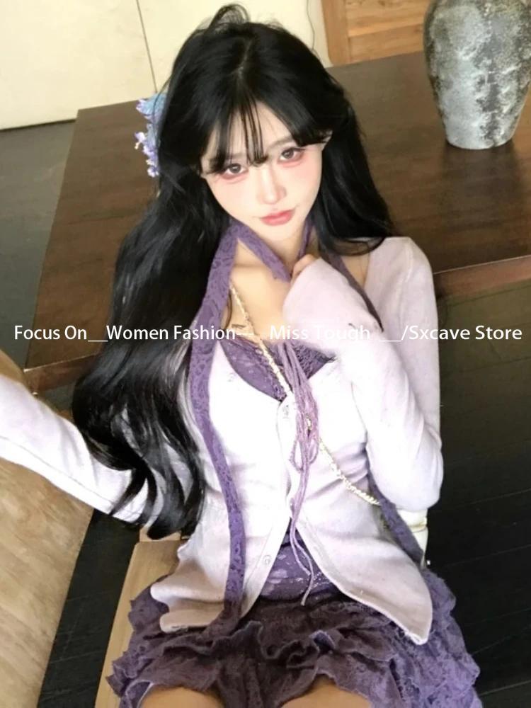 2026 New Women Birthday Rave Korean Fashion Gyaru  Coquette Outfits 2 Piece Set Fake Two Pieces Top + Mini Ruffle Skirts Chic