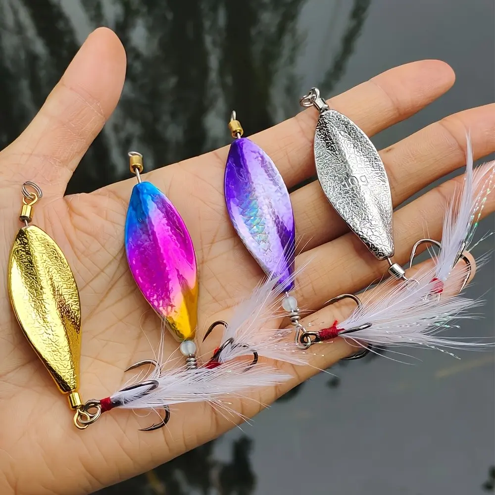 4pcs Long Distance Casting Lures, Artificial Fishing Lures, 5g-15g Rotating Flash Hard Baits, Freshwater & Saltwater Fishing, Bass Lure, Feather Plastic Hook