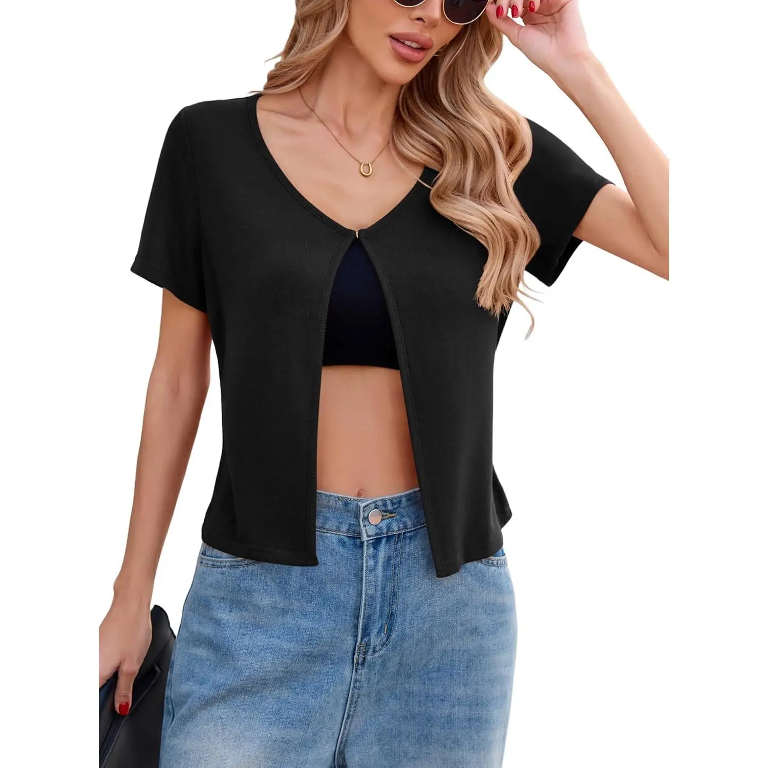 Women's Shortsleeve Shrug Cardigan, Lightweight Cropped Open Front Bolero Top with Hook and Eye Closure for Dresses, Tops