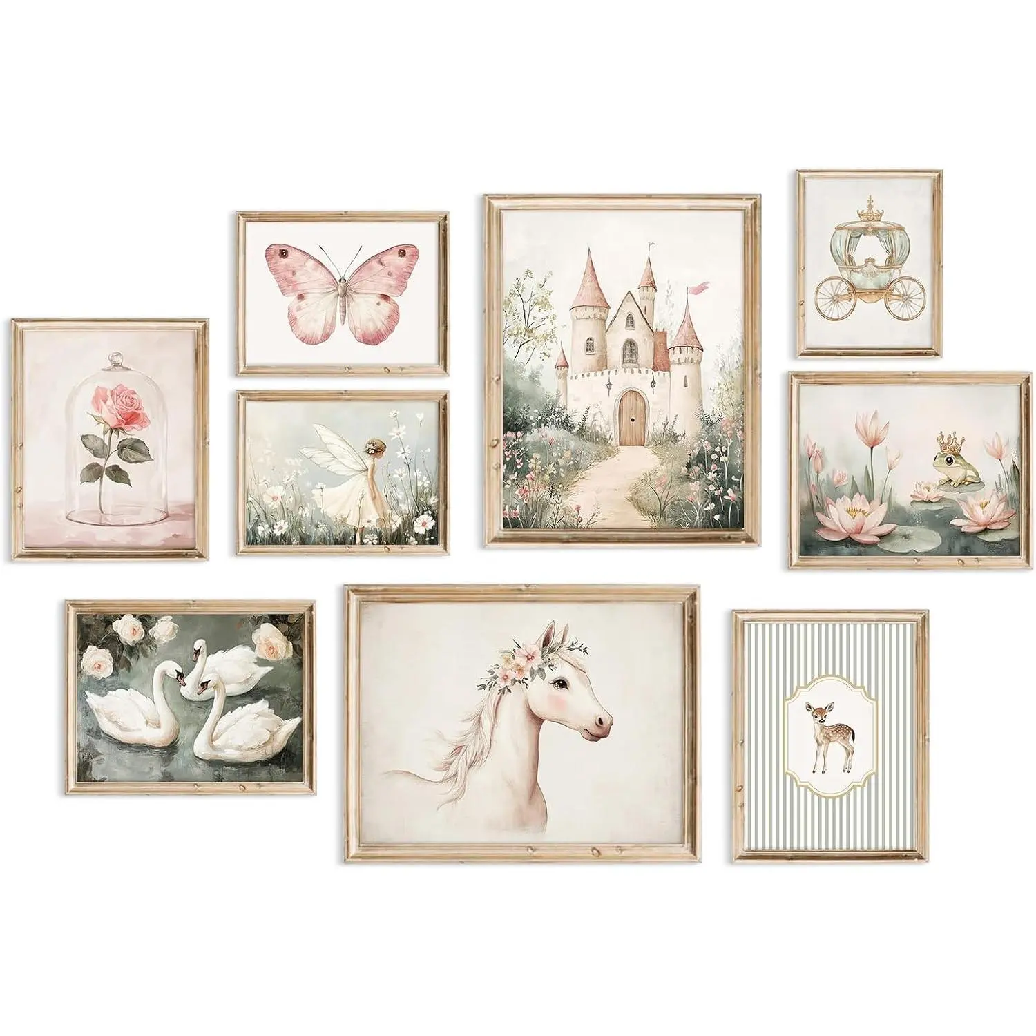 Vintage Fairy Nursery Wall Art Princess Fairytale Poster Baby Girl Room Canvas Wall Decor Fantasy Castle Pictures Floral Swan Paintings Pink Nursery Artwork for Girls Bedroom 8x10x9 Inch Unframed