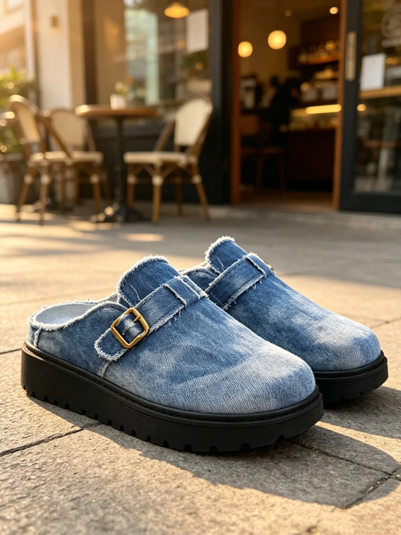 Summer Men's Vintage Light Wash Denim Slip-On Sandals, Washed Edge, Adjustable Buckle, Soft Breathable, Casual Indoor Outdoor, Retro Comfort Shoes