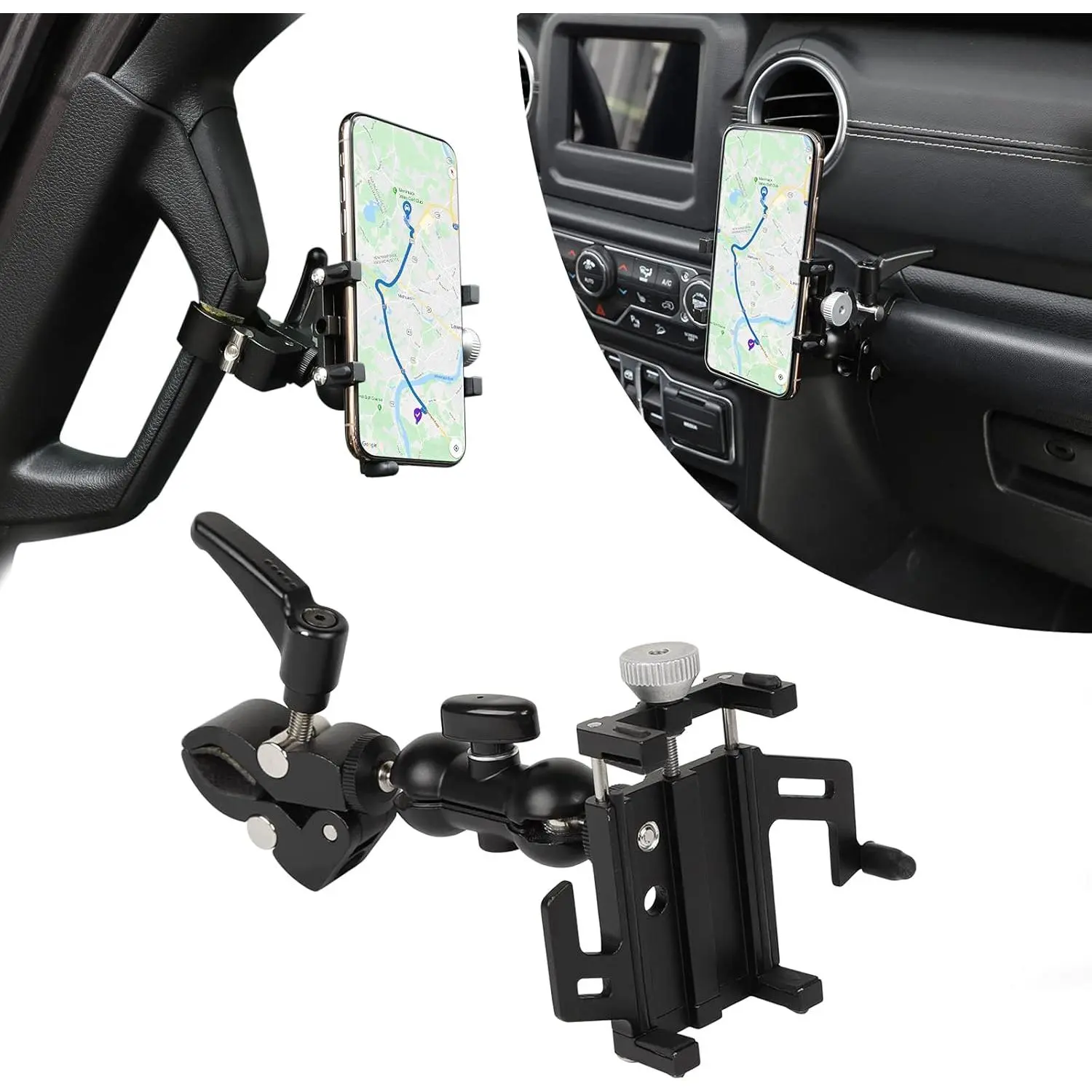 Hoolcar Universal Cell Phone Holder Car A-Pillar Adjustable Anti-Shake Stabilizer Phone Mount for 2007-2021 Jeep Wrangler JK JKU JL JLU JT, Ford 150, Black