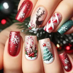 24Pcs Brown Elk Press on Nails Christmas Tree Gel Glue on Nail Christmas Medium Square False Nails Snowflake Stick on Fingernails Glossy Red Stars Acrylic Fake Nail  Women Xmas Gift