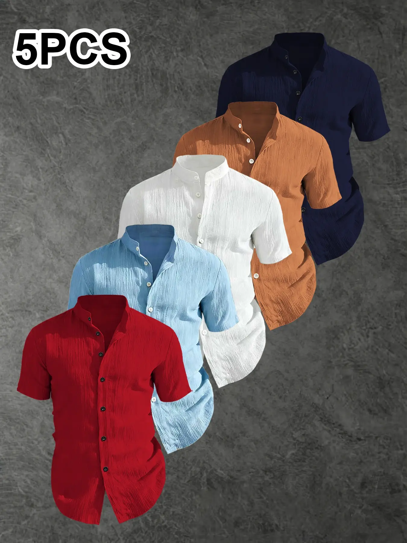 5-Pack Men's Summer Short Sleeve Shirts, Lightweight Breathable Solid Stand Collar Button-Up, Ideal for Beach Pool, Beach Club Shirt, Casual Swimwear