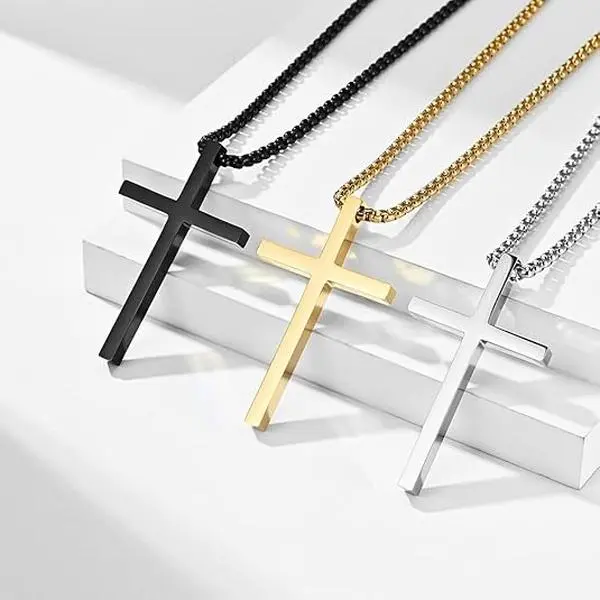 Cross Necklace for Men Women, Silvery Black Golden Stainless Steel Basic Versatile Cross Pendant Necklace,Casual Fashion Lip Chain Jewelry for All Seasons, Letter Necklace Outfit Accessories