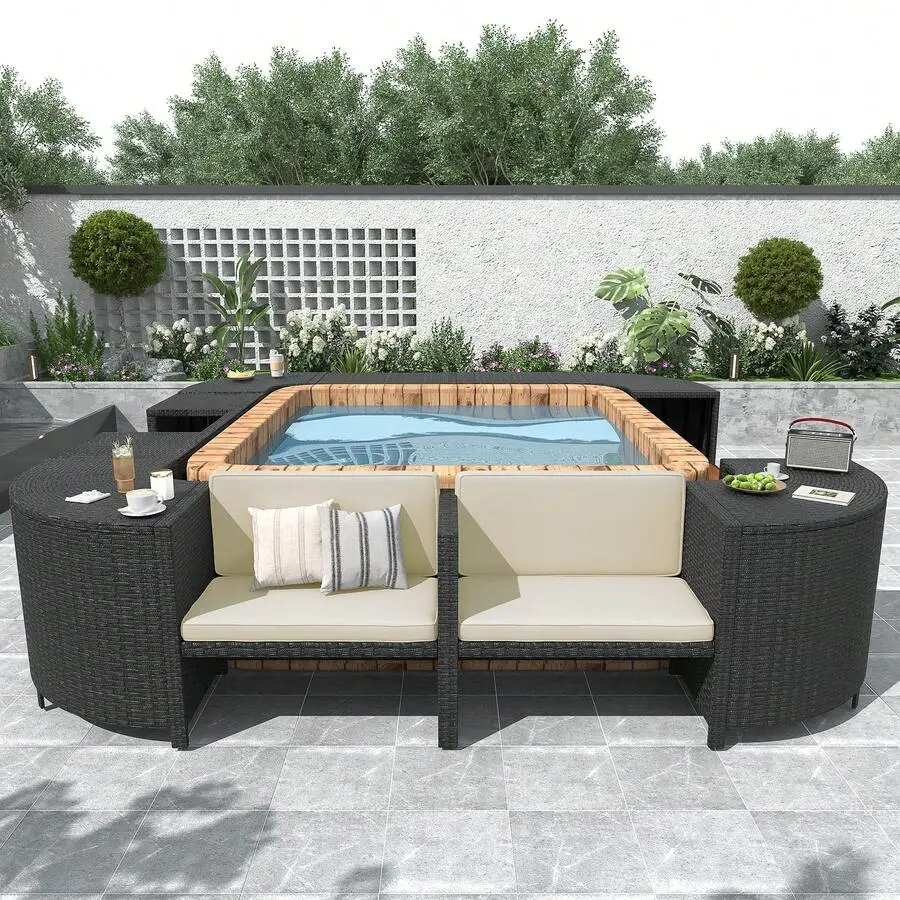Surround Frame Quadrilateral Outdoor Rattan Sectional Sofa Set With Mini Sofa,Wooden Seats And Storage Spaces