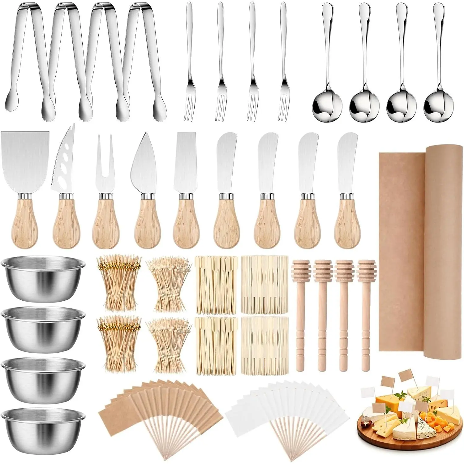270 count Charcuterie Board Accessories Cheese Butter Spreader  Set Butcher Paper Roll Serving Tongs Forks Spoons Dipping Bowls Dippers  Picks for Party Wedding Christmas ()