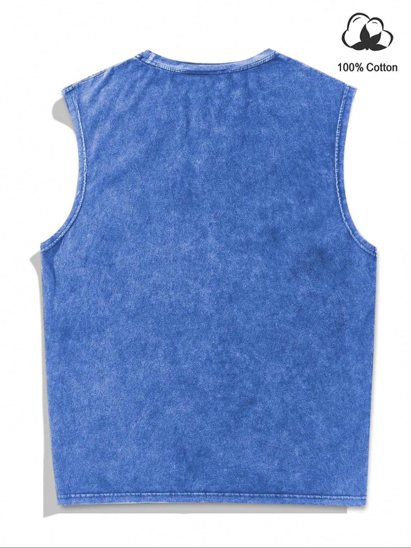 Men's Letter Print Denim-Effect Print Athletic Tank Top, Sleeveless Fitness Tank Tops, Regular Fit Casual Sleeveless Round Neck Top for Summer, Fashion Men's Clothes for Daily Wear, Socks, Cotton