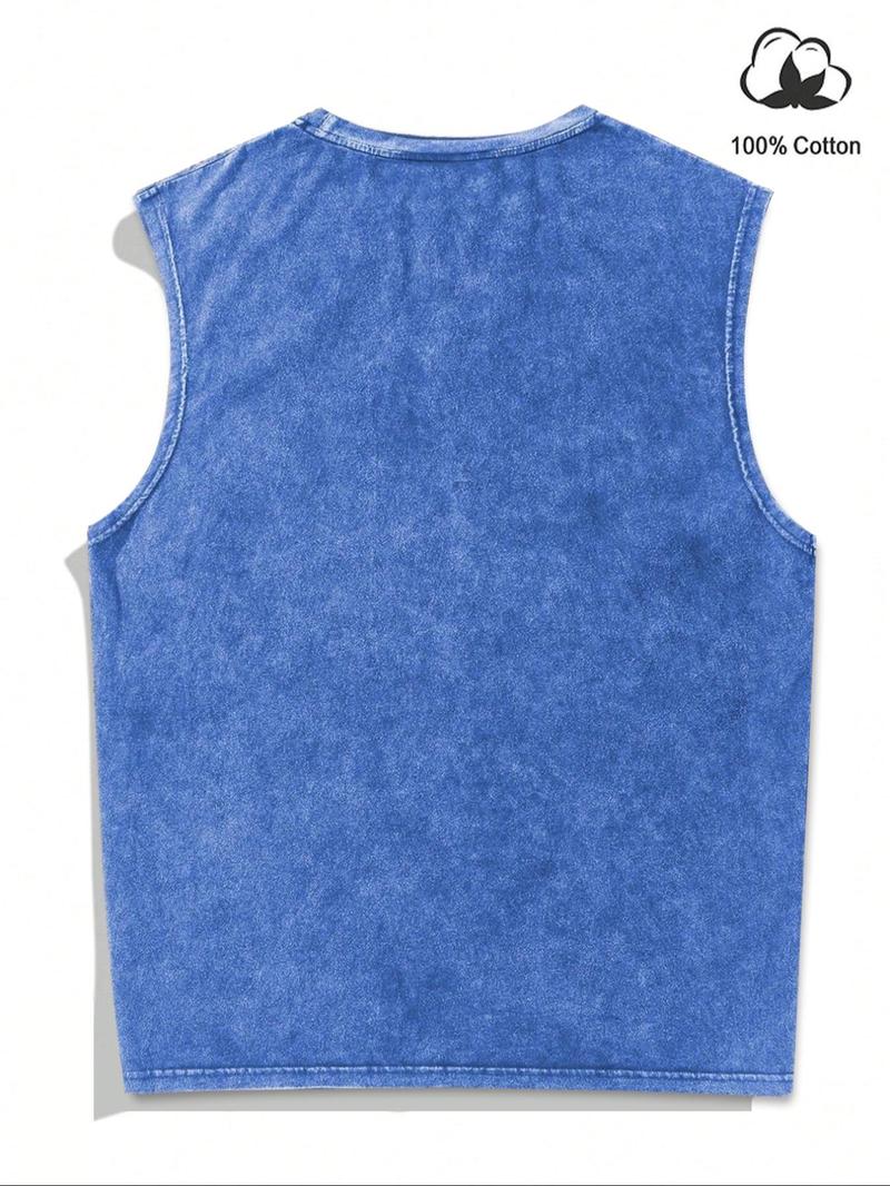 Men's Letter Print Denim-Effect Print Tank Top, Regular Fit Casual Sleeveless Round Neck Top for Summer, Fashion Men's Clothes for Daily Wear, Socks, Cotton, Vest Tank Top