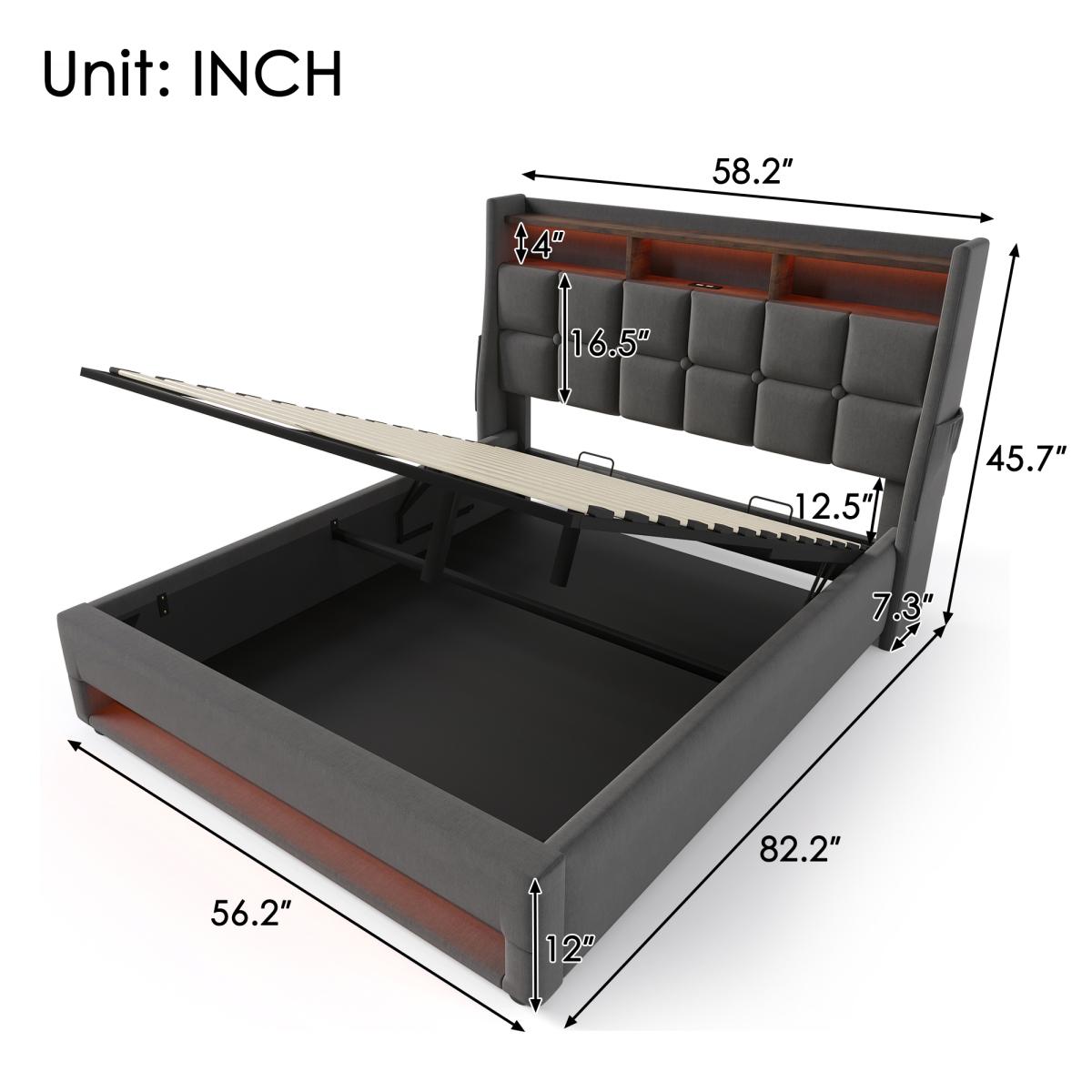 Soft padded platform bed with hydraulic storage system, LED and USB charging, natural (without mattress)