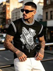 Young Men Chicano Hip Hop Outfit - Praying Hand Dollar Rose Screen Print+Slim Fit Short Sleeve Tee&Casual Denim Pants - Urban Streetwear+All Season+Multi-scene Matching Set