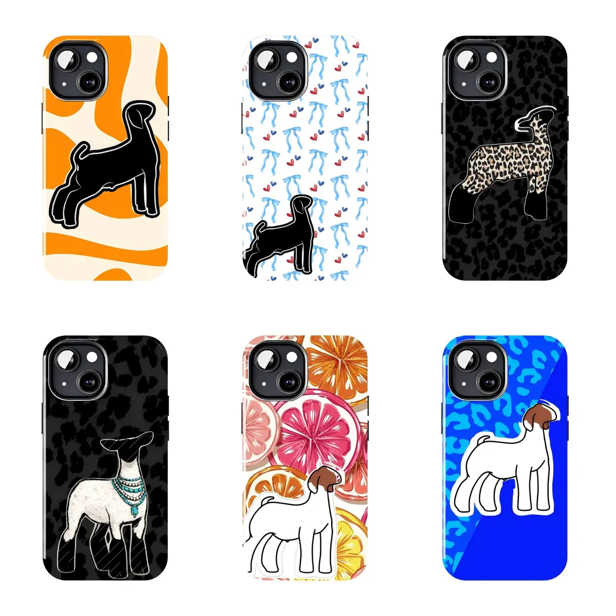6 Styles Show Boer Goat Outline Collage Print Phone Case, Anti-Scratch TPU Cover, Leopard Bow Citrus Fruit Preppy Graphic Phone Shell for All iPhone Models