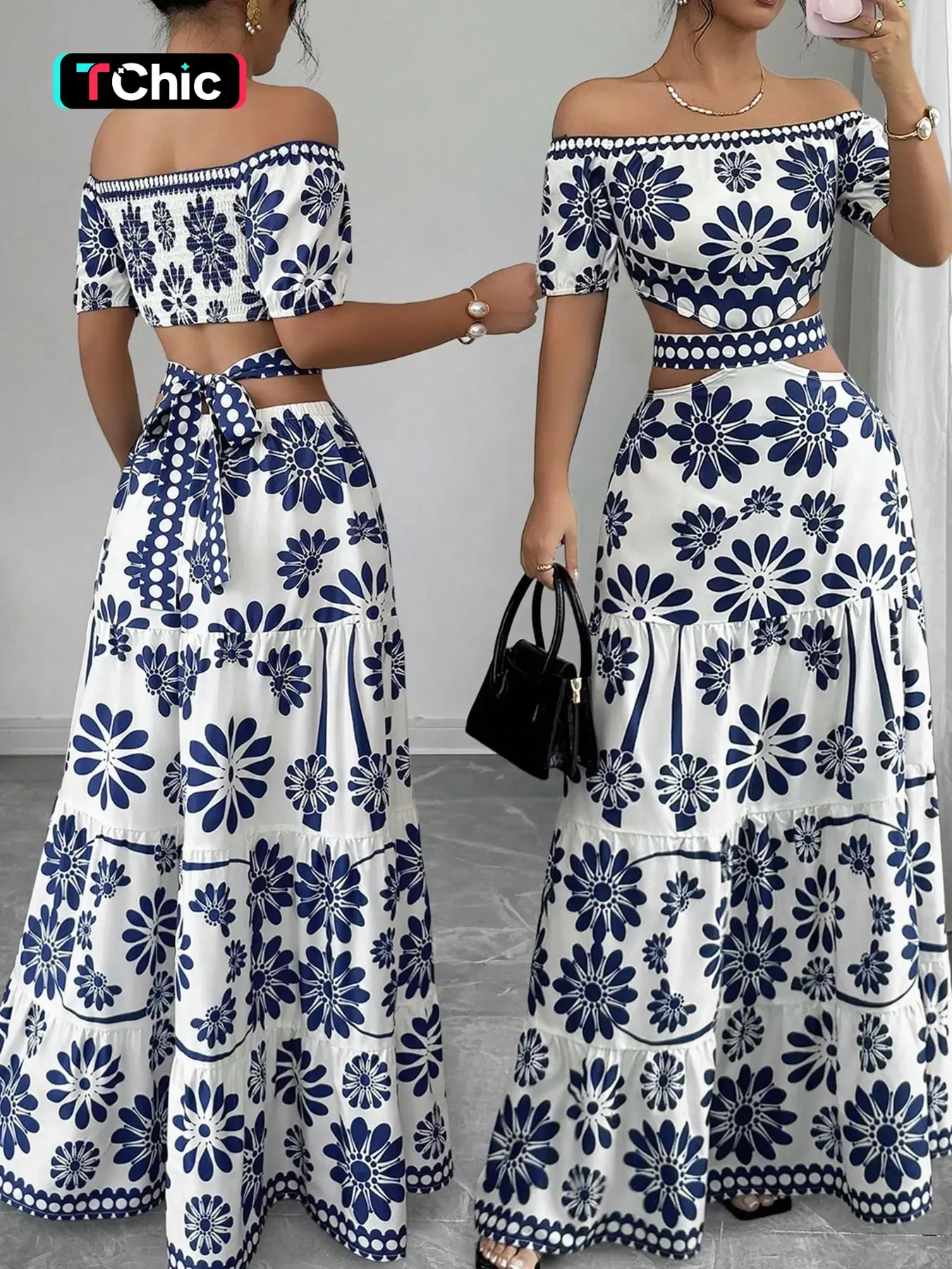Blue Floral Low Back Dress, Boho Style Bohemian Fashion Vacation Dress, Porcelain Print Set, Summer Beach, Elegant Casual Wear, Boho Style Dresses, Ff2609