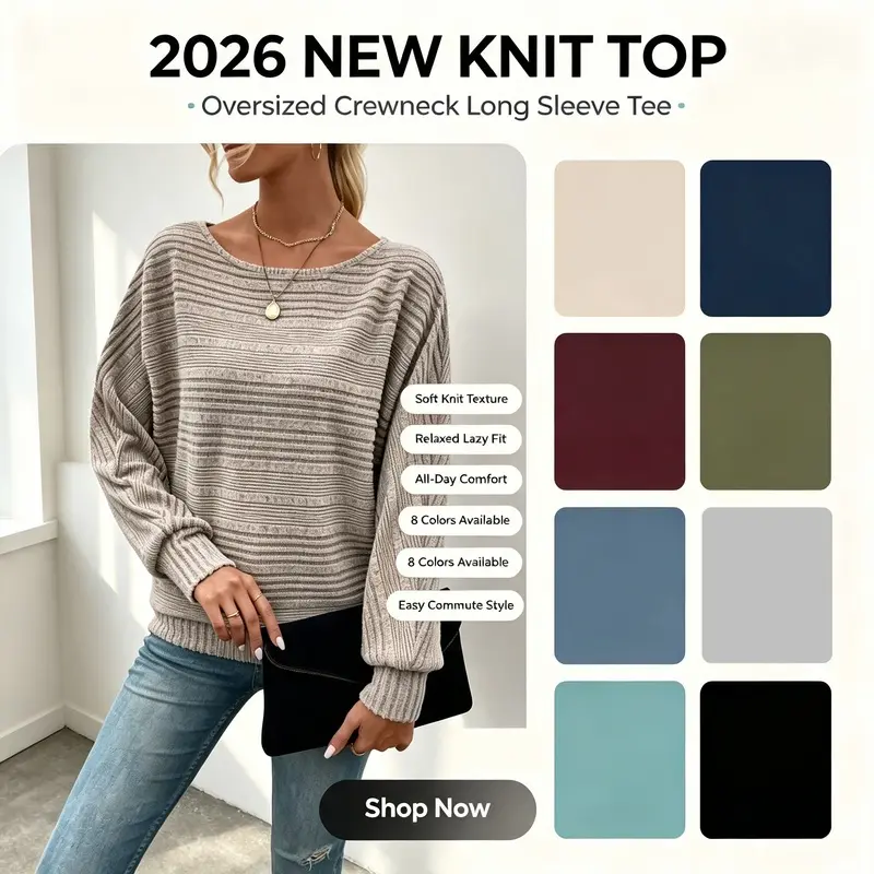 Women's Solid Color Long Sleeve Knit Top, 2026 Fall Winter Boat Neck Loose Pullover Sweater, Casual Textured Knitted Tunic Shirt for Daily Wear