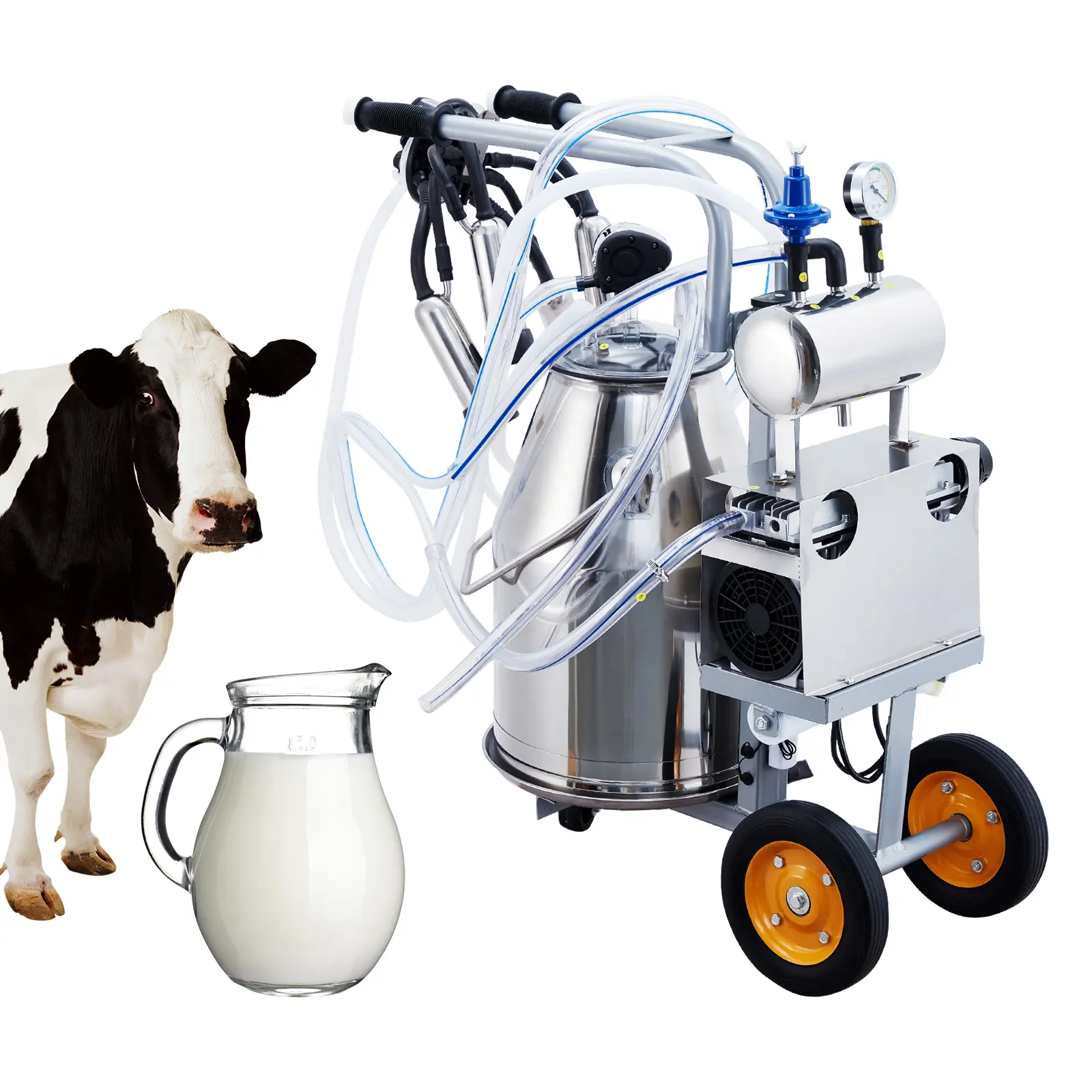 Portable Electric Milking Machine for Cows & Goats - 25L Capacity, Stainless Steel Bucket, Automatic Pulsation, Adjustable Pressure - Includes Silicone Hose & Cleaning Brush