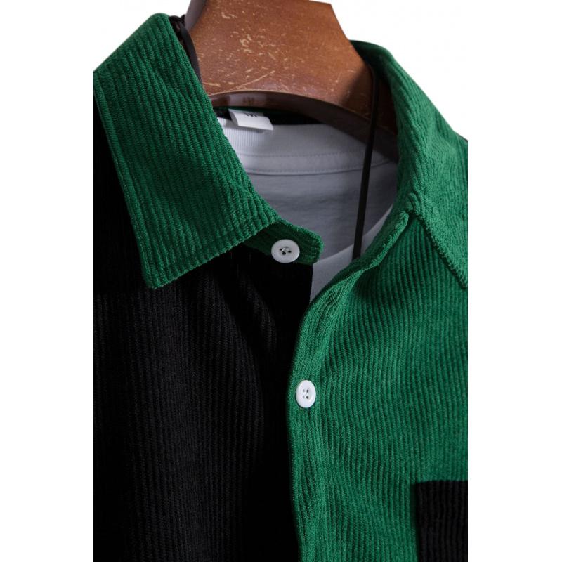 Men's corduroy color-block short-sleeve shirt, casual button-up shirt with chest pocket, vintage summer street style, soft and breathable, suitable for everyday wear