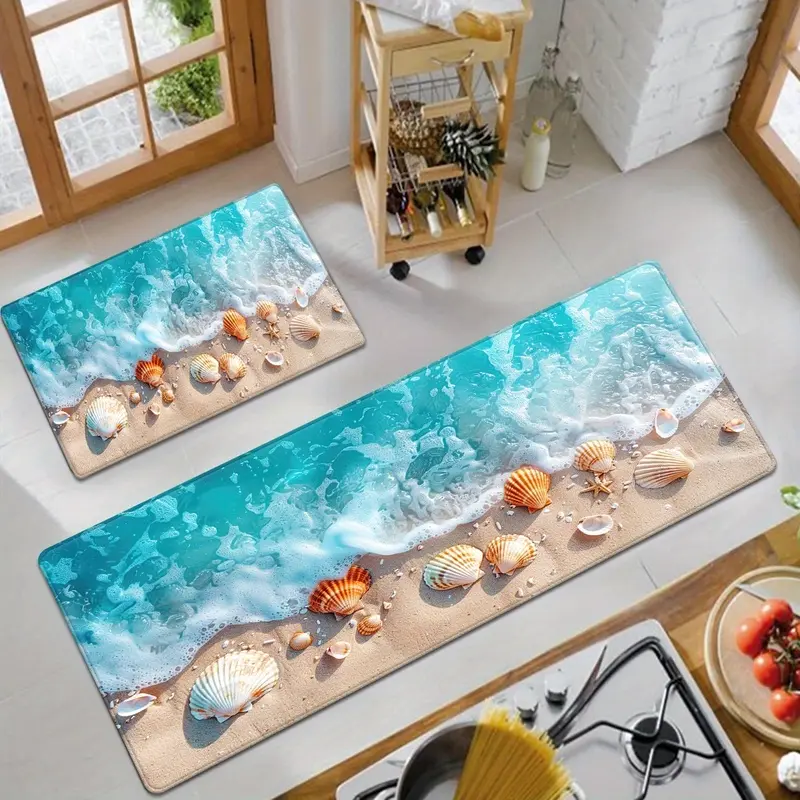 Flannel Thermal Synthetic Cozy Ocean Beach Themed Non-Slip Long Bath Mat - Wave Pattern, Decorative Rectangle, Multi-Size for Tub, Home Bathroom Use, Housewarming Gift, Bath Mats For Tub