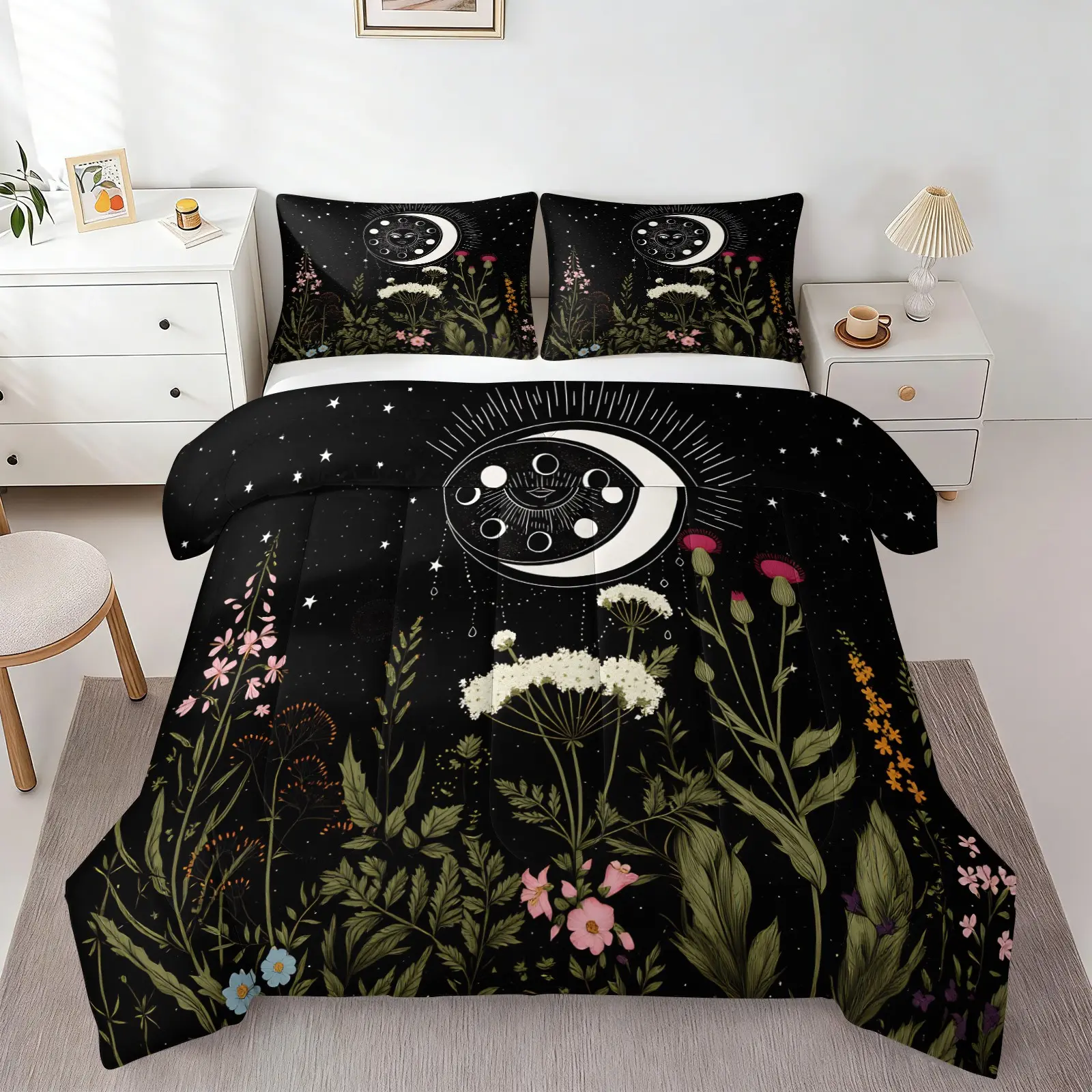 Moon Phase Wildflower Comforter Set （1 Comforter + 1-2 Pillowcases）, Durable Soft Comfy Washable Bed Set, Black Starry Sky Botanical Floral Print Bedding, Boho Mystical Celestial Kids Adult Bedroom Decor Quilt