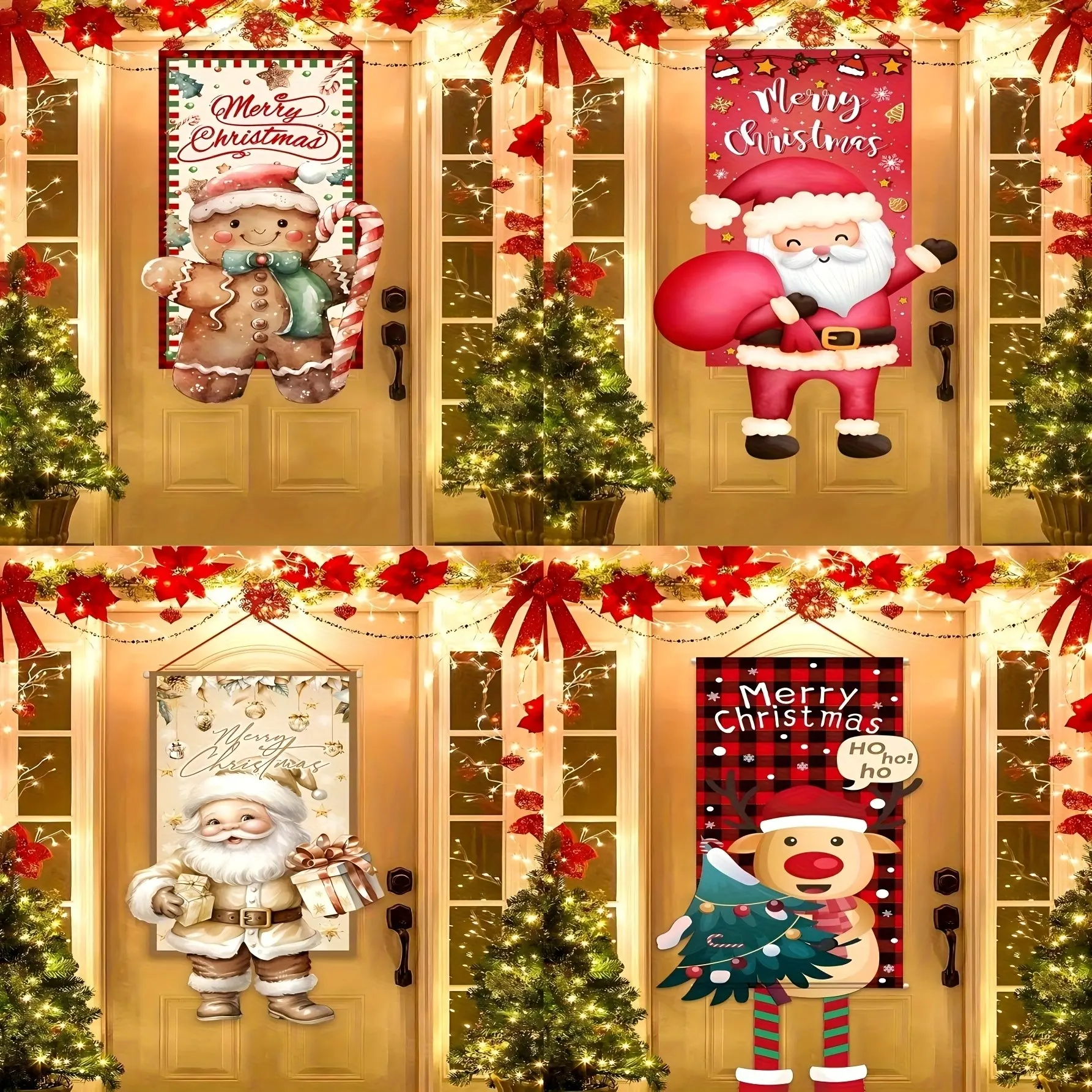 Christmas Theme Banner, Features Gingerbread Man, Santa Claus, Reindeer, Merry Christmas Text, Vibrant Colors, Festive Door Decoration